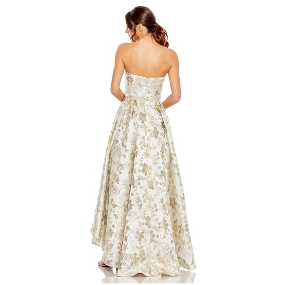 Mac Duggal NEW White Gold Brocade Strapless Golden Floral High Low Gown - Size 6 - Picture 3 of 15
